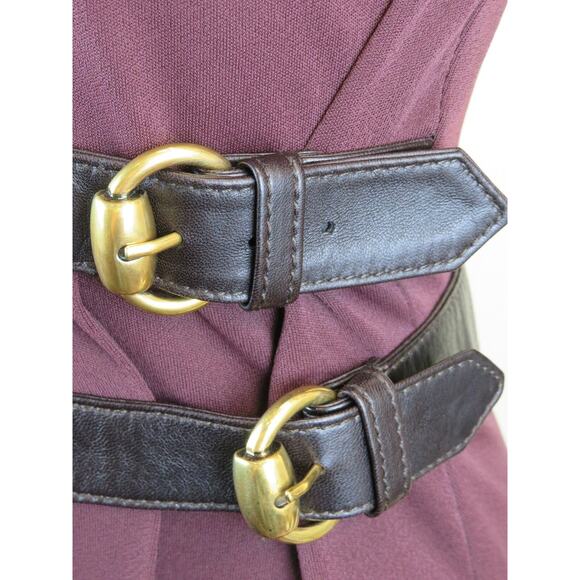 NEW GUCCI WOOL BURGUNDY LEATHER LONG SLEEVES GOLD BUCKLES BELTED DRESS 38 ITALY - Picture 2 of 12